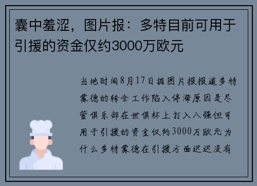囊中羞涩,图片报:多特目前可用于引援的资金仅约3000万欧元 囊中羞涩,图片报:多特目前可用于引援的资金仅约3000万欧元