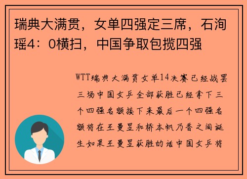 瑞典大满贯,女单四强定三席,石洵瑶4:0横扫,中国争取包揽四强 瑞典大满贯,女单四强定三席,石洵瑶4:0横扫,中国争取包揽四强